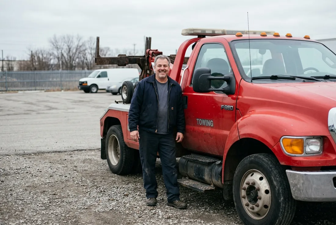 Friendly tow truck driver beside his truck in Georgetown, TX
