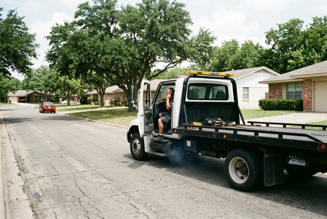Tow truck at the curb in Georgetown, TX with driver on the phone