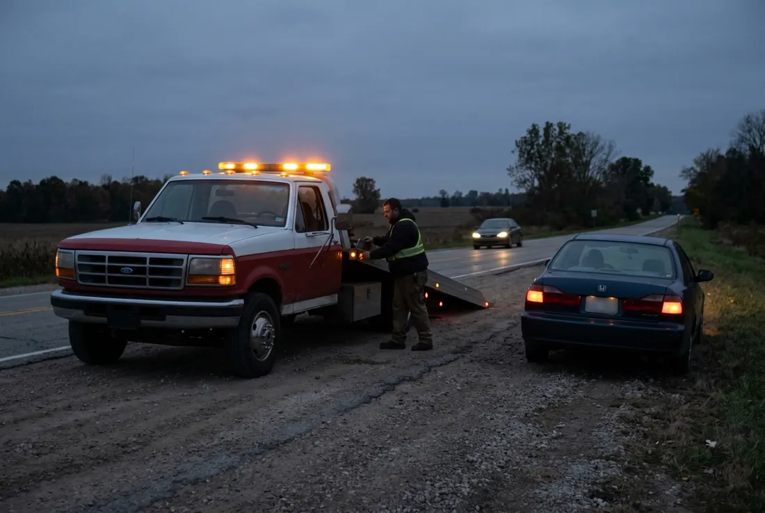 Emergency tow truck with amber lights helping a car in Georgetown, TX