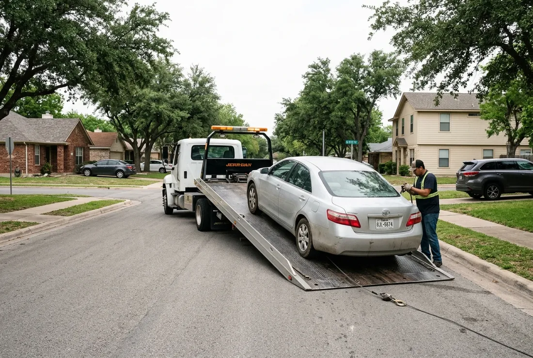 Flatbed tow truck loading a car in Georgetown, TX