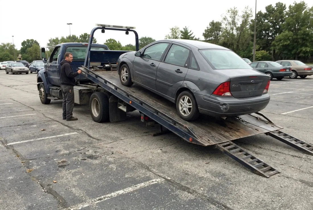 Flatbed tow truck with a sedan loaded on the bed in Georgetown, TX