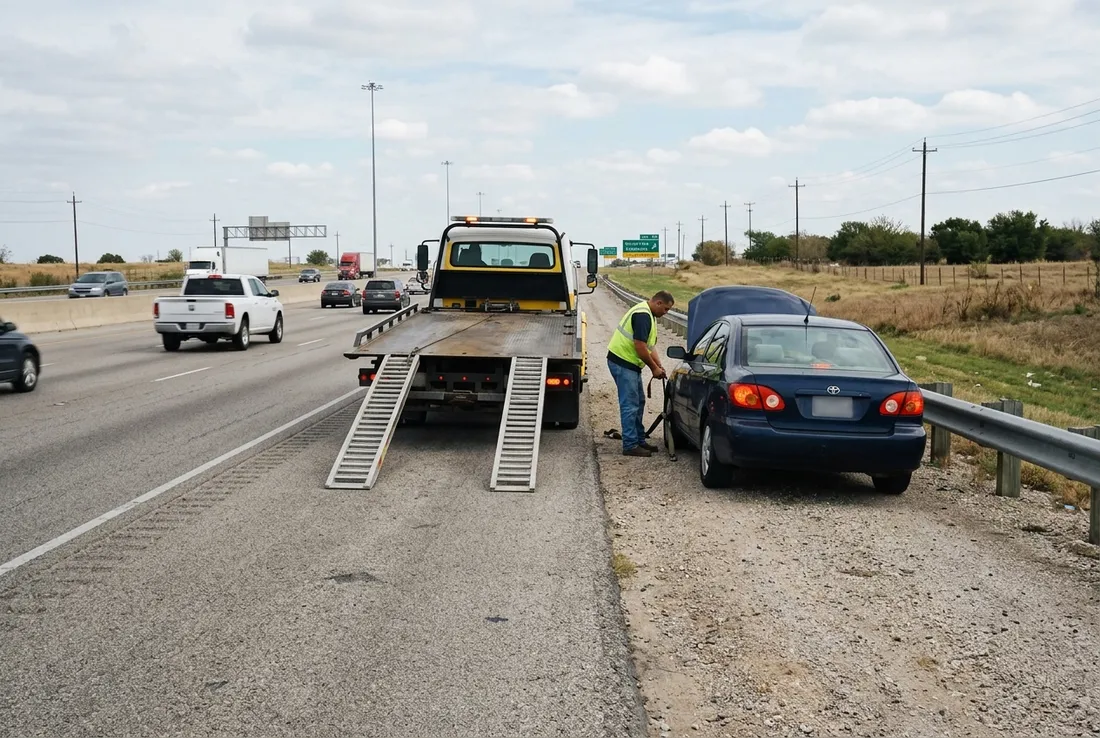 Tow truck helping a broken down car on the highway near Georgetown, TX