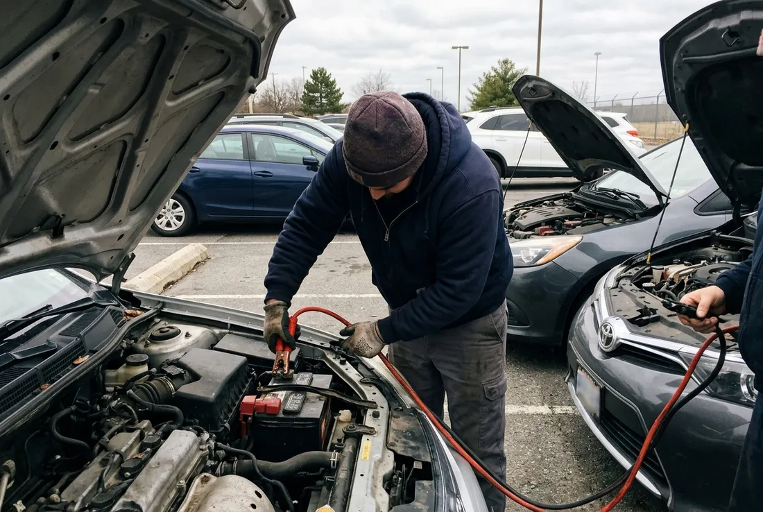 Worker connecting jumper cables to a car battery in Georgetown, TX