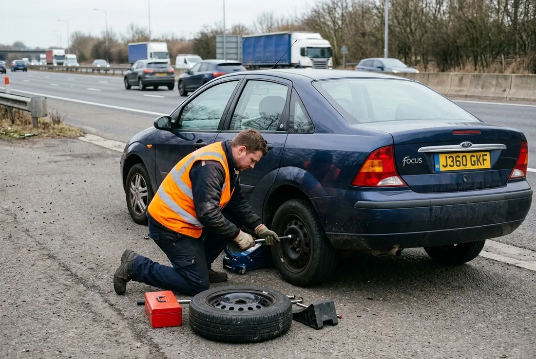 Roadside assistance worker changing a flat tire in Georgetown, TX