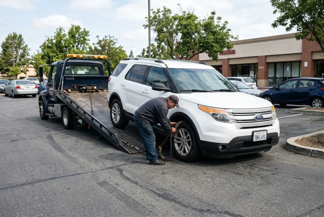 Tow truck hooking up an SUV in a Georgetown parking lot