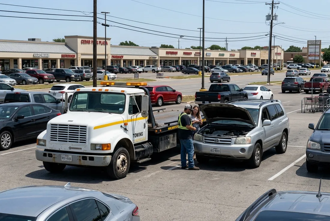 Tow truck in a Cedar Park, TX parking lot next to a stalled SUV