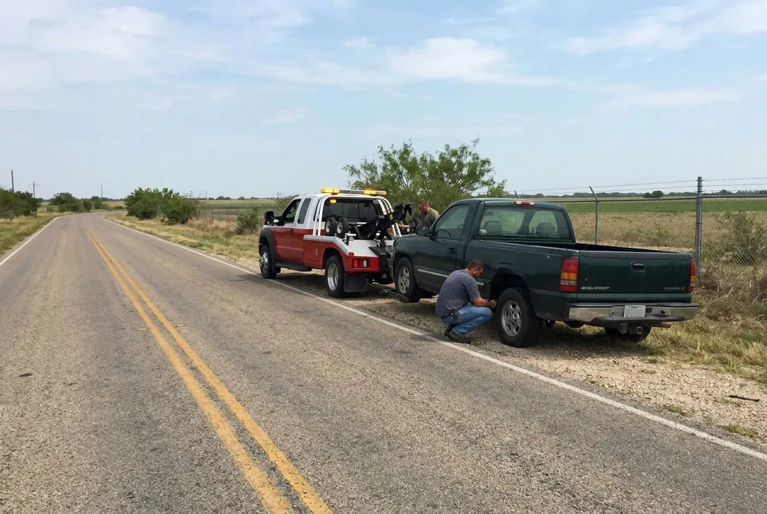 Tow truck helping a pickup on a rural road near Hutto, TX