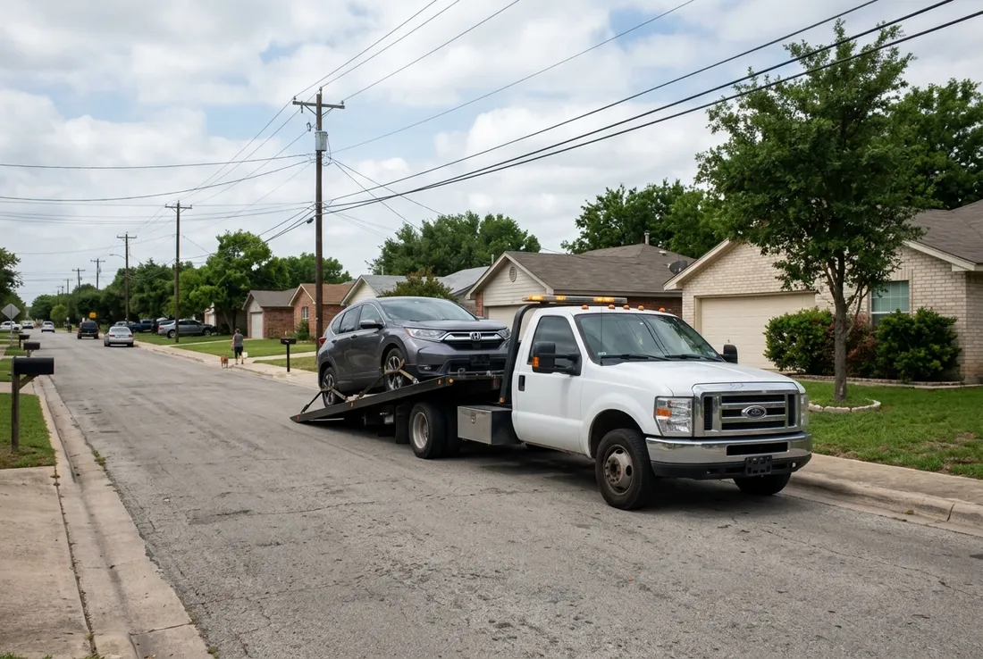Flatbed tow truck on a Leander, TX residential street