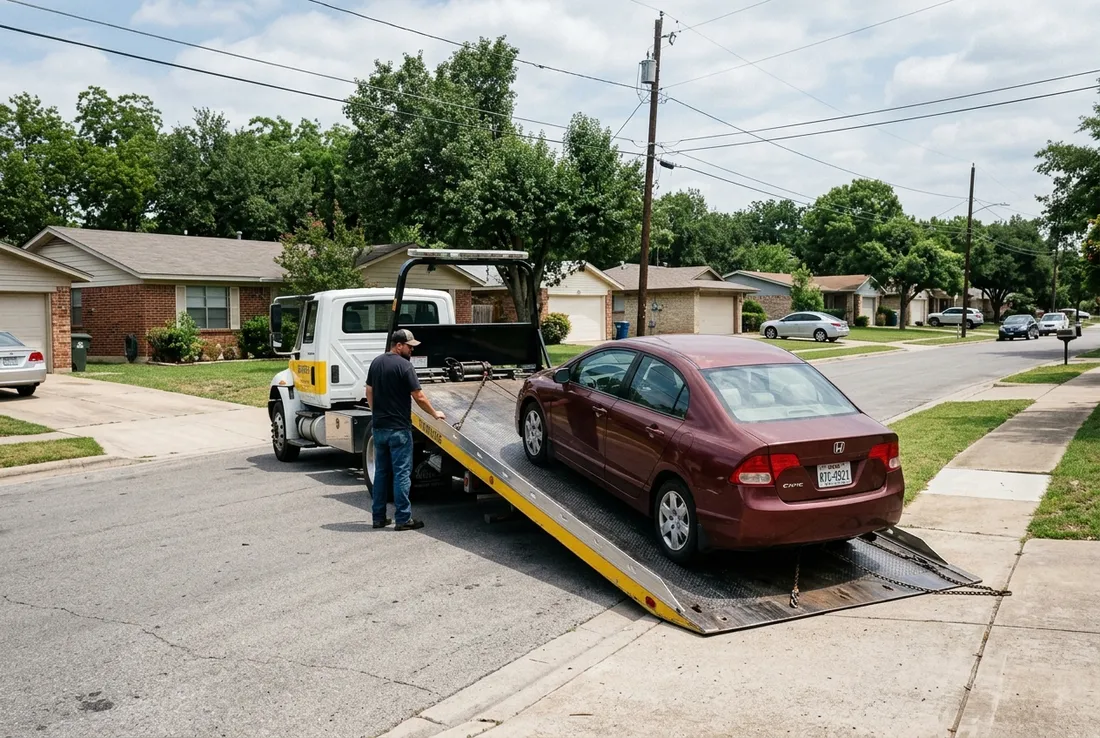 Tow truck loading a car on a Round Rock, TX street