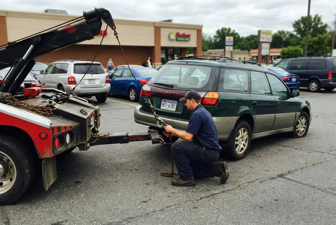 Tow truck driver hooking up a car in Georgetown, TX
